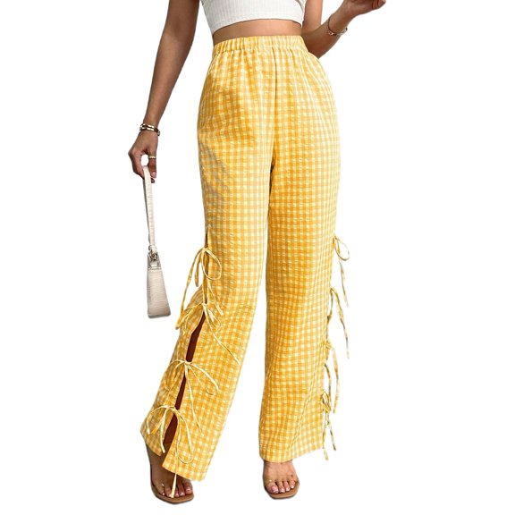 Womens Gingham Plaid Wide Leg Pants Y2k Lounge Pants Lace Up Loose Trousers Yellow S
