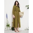thumbnail image 6 of Green Womens Viscose Tencel Pleated Shirt Collar Button Down Long Sleeve Cinched Waist Casual Maxi Dress, 6 of 8