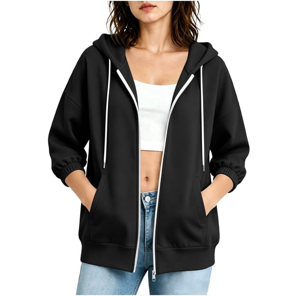 PFRNLF Women's Zip Up Hoodies Lightweight Soft Casual 3/4 Sleeve Full Zip Sweatshirt Jacket with Pockets