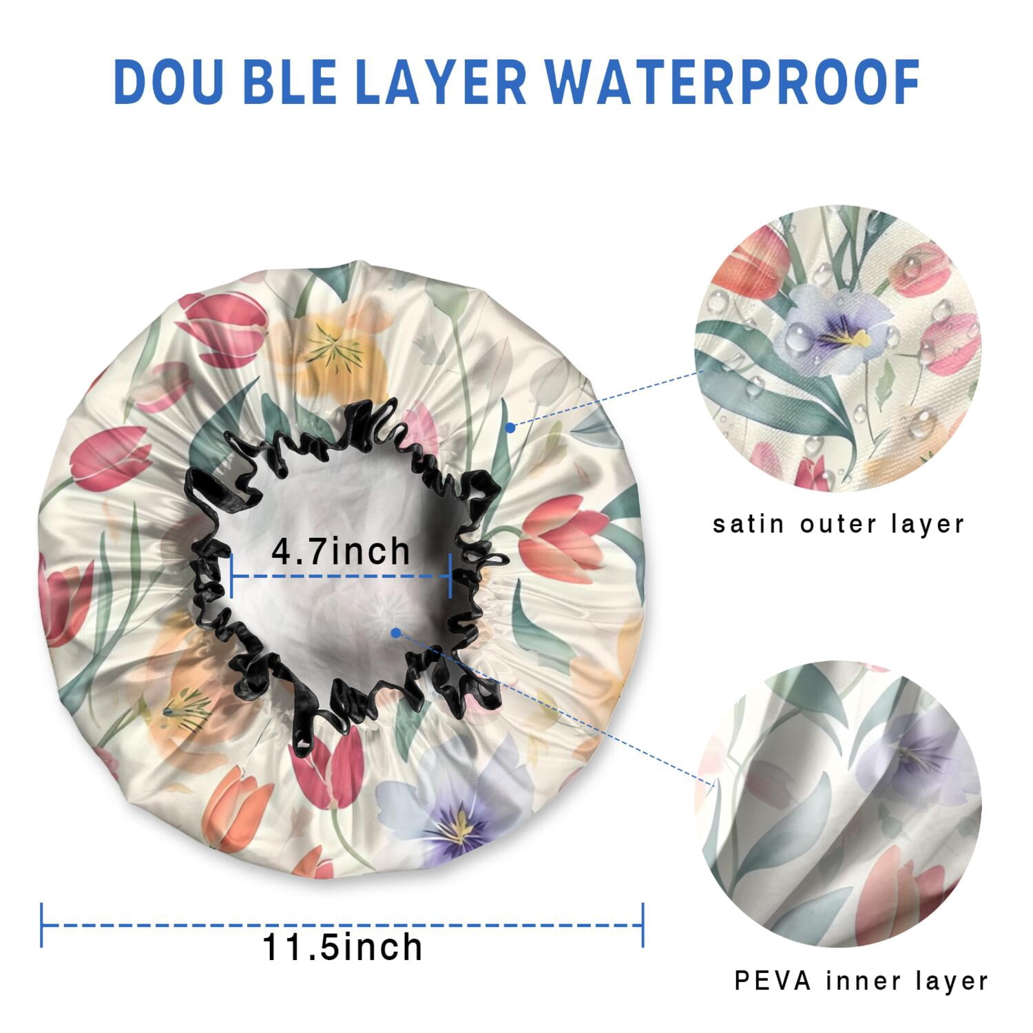 Shower Caps,Pioneer Flower Floral Print Pattern Waterproof Shower Cap for Women 4 Pieces,Double Reusable Hair Cover for Shower PEVA Elastic Stretch Hem