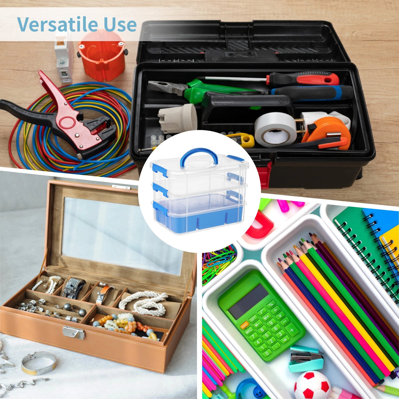 3-Layer Organizer Case Stack & Carry Box, Plastic Multipurpose Storage Container Box, Portable Handled Storage Box with Removable Tray for Organizing Sewing Supplies