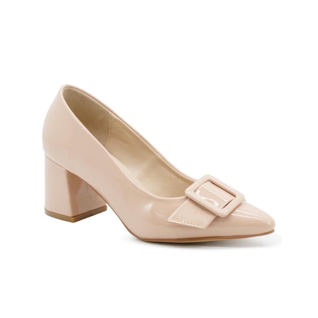 Zapatilla Elegante Formal Tacon Ancho Evento Social Charol beige 22.5