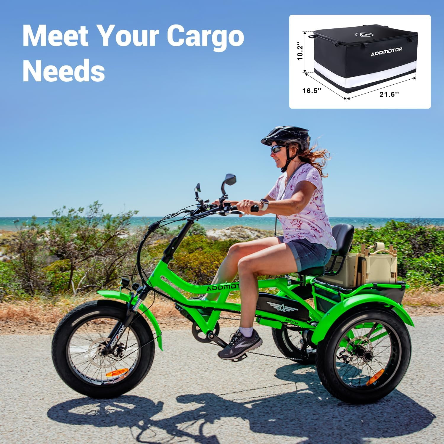 Addmotor M-360II Semi-Recumbent Electric Trike, 85MI, Fat Tire 3 Wheel Electric Bike for Adults, 750W 48V 20Ah Electric Tricycle for Seniors, 20" Electric Trike with Speed Differential, Green