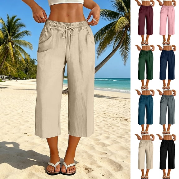 Wiyuqeen Women's Capri Pants with Pocket Elastic Waist Baggy Beach Capris Lightweight Summer 7/8 Length Trousers Everyday Casual Wear Beige XXXL