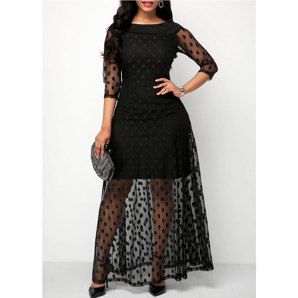 Imcute Women 3/4 Sleeve Dress Double Layer Mesh Polka Dot Splicing