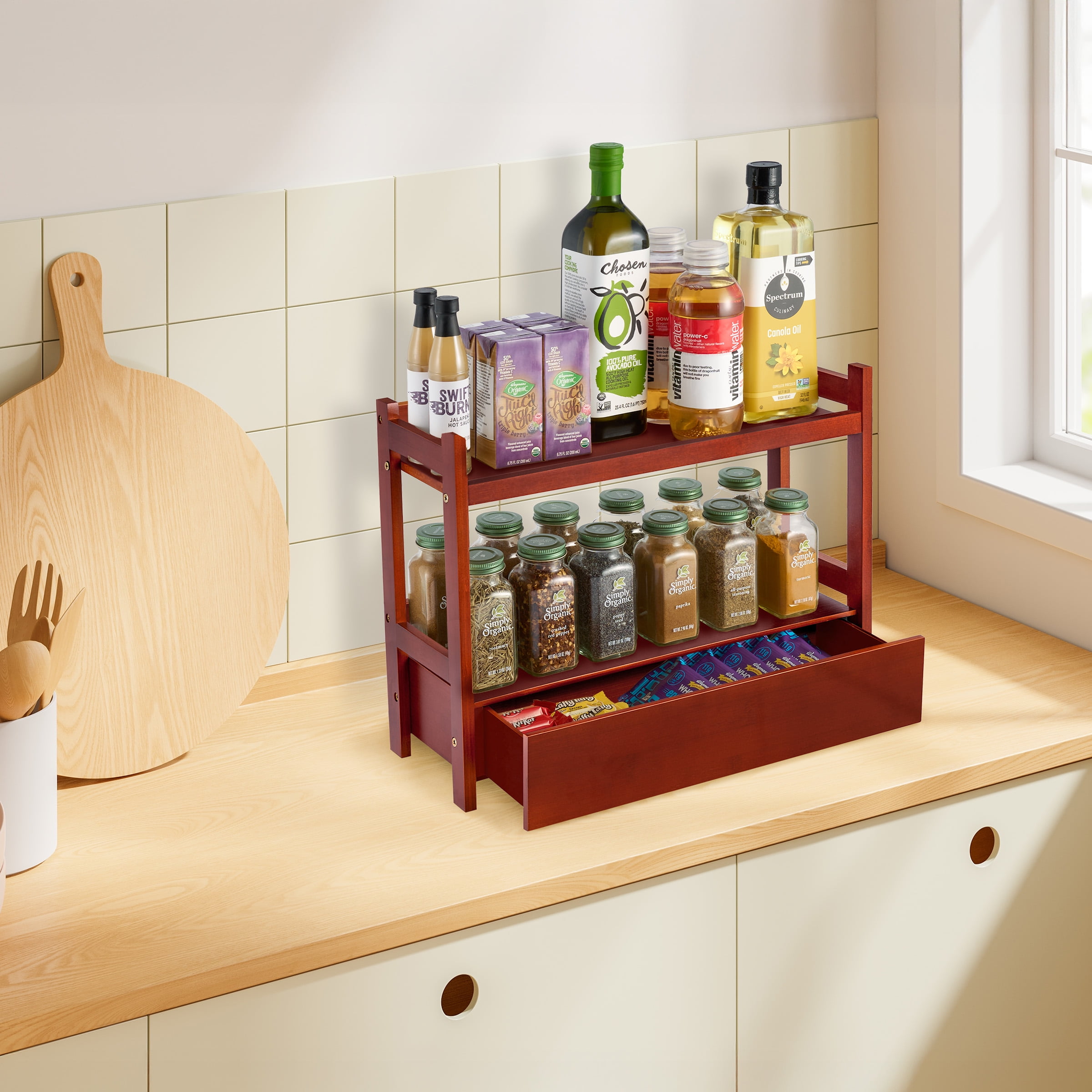 Sorbus 2-Tier 17" Bamboo Kitchen Organizer with Pull-Out Drawer, Brown