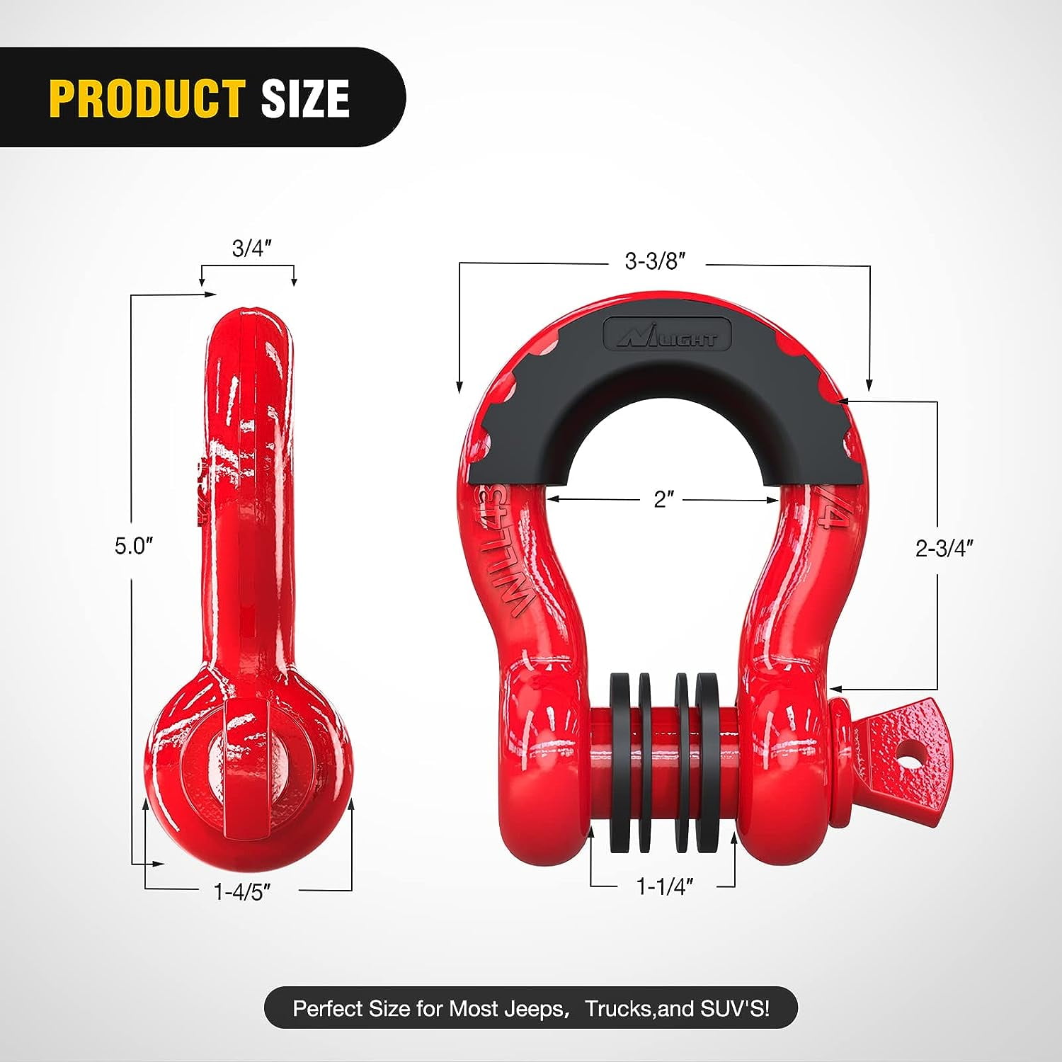Nilight 2 Pack 3/4" D-Ring Shackle 4.75 Ton (9500 Lbs) Capacity with 7/8" Pin Heavy Duty Off Road Recovery Shackle with Isolators & Washer Kit for Jeep Truck Vehicle, Red