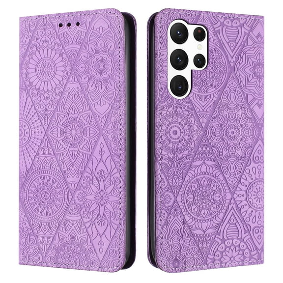 SaniMore Case for Samsung Galaxy S23 Ultra 6.8" 2023, [Card Slots   Cash Pocket   Removeable Wrist Strap] PU Leather Embossed Totem Girly Kickstand 360° All-around Protective Wallet Shell, Purple