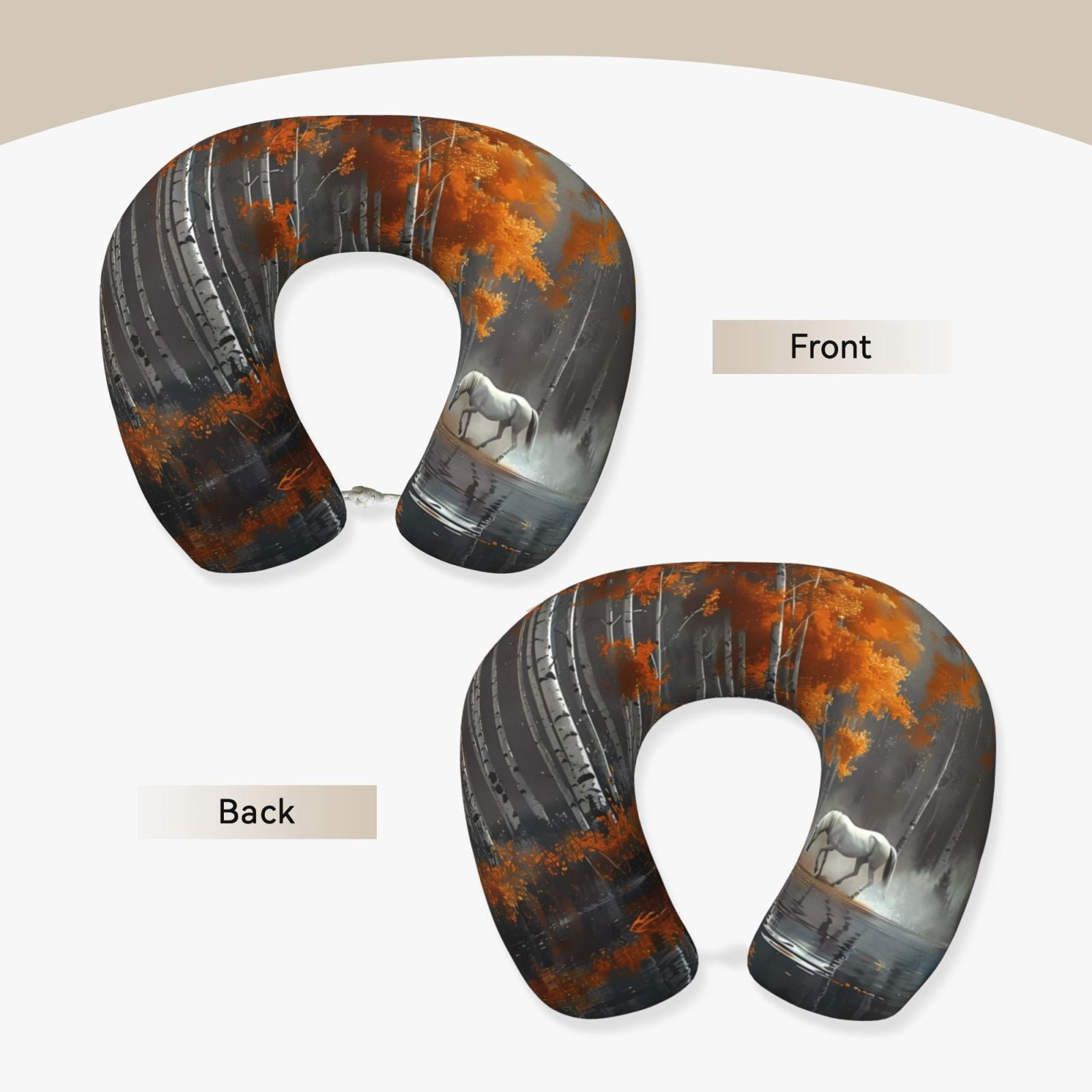 Xecao White Horse Autumn Birch Print Memory Foam Cervical Neck Pillow Versatile U-Shaped Pillows for Home,Office,Camping,Travelling,Soft Washable Cover