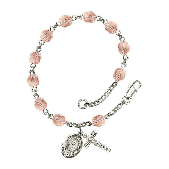 St. Bonaventure Silver Plate Rosary Bracelet 6mm October Pink Fire Polished Beads Crucifix Size 5/8 x 1/4 medal charm