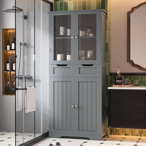 Joywind 67" Bathroom Storage Cabinet, Freestanding Bathroom Cabinet with Drawers and Glass Doors, Wooden Floor Storage Cabinet with Adjustable Shelves for Bathroom, Living Room, Small Spaces, Gray