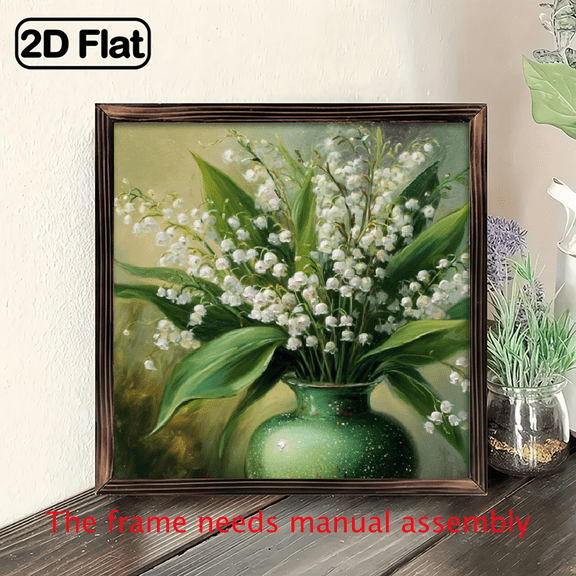 1pc Classic Lily of the Valley Floral Wall Art - 8x8 Inch Wooden Framed Painting with Hanging Hooks, Romantic Vintage Home Decor for Living Room, Bedroom, Office Weddings.
