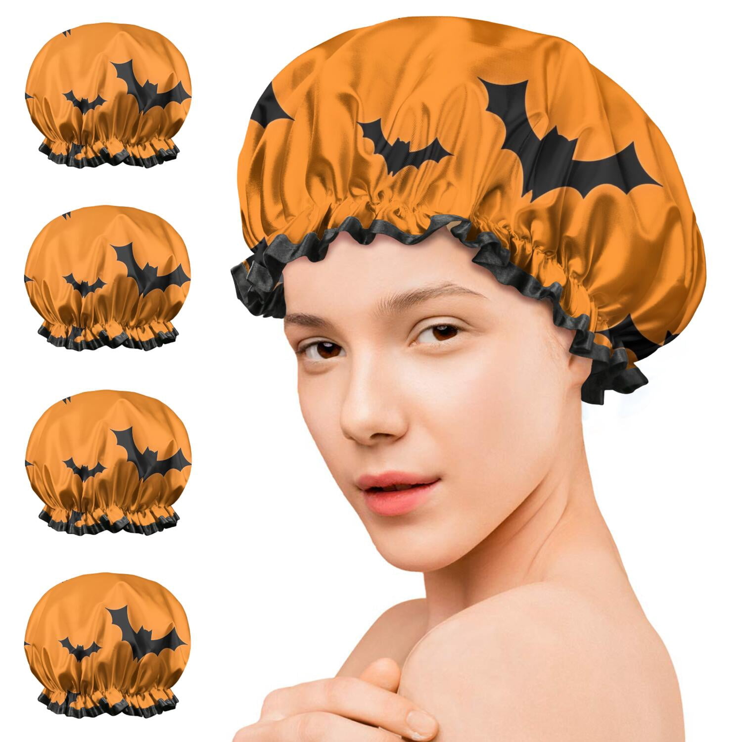 Shower Caps,Orange Halloween Bats Waterproof Shower Cap for Women 4 Pieces,Double Reusable Hair Cover for Shower PEVA Elastic Stretch Hem