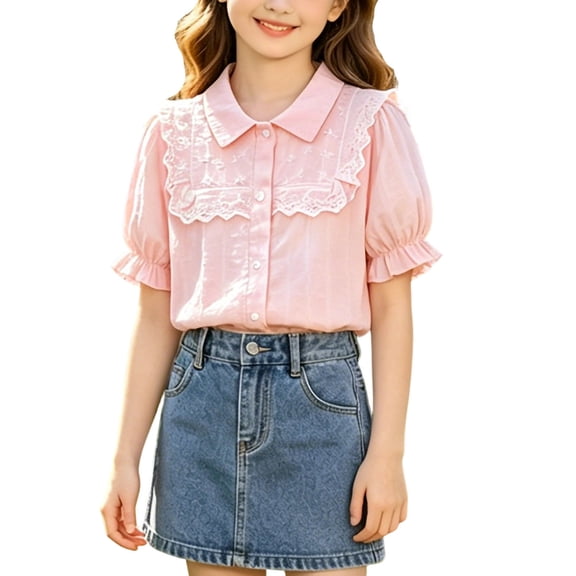FAVIPT Puff Short Sleeve Shirts for Kids Summer Cotton Lace Trim Collar Blouse Casual Cute Solid Button School Shirt Pink,13-14 Years
