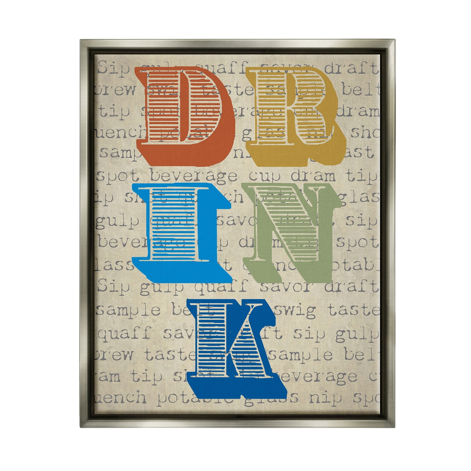 Stupell Industries Drink Antique Stamp Style Typography Kitchen Words Graphic Art Luster Gray Floating Framed Canvas Print Wall Art, Design by Graffitee Studios
