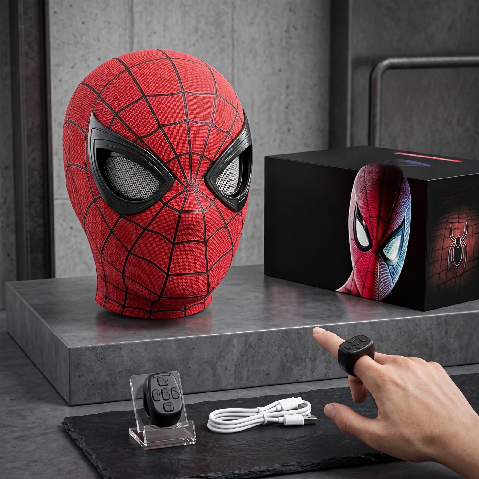 Spider Hero Electric Mask Ring Remote Control Moving Eyes Winking Helmet Full Face Headwear USB Rechargeable Party Cosplay Costume Prop