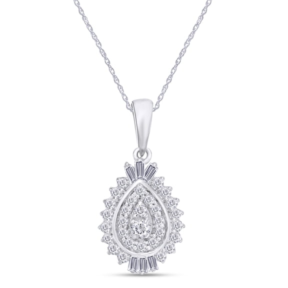 AFFY 1/4 Carat Round Cut White Natural Pear Diamond Shadow Frame Pendant Necklace Along With 18" Chain In 14K Gold Over Sterling Silver (0.25 Cttw, I2-I3 Clarity)