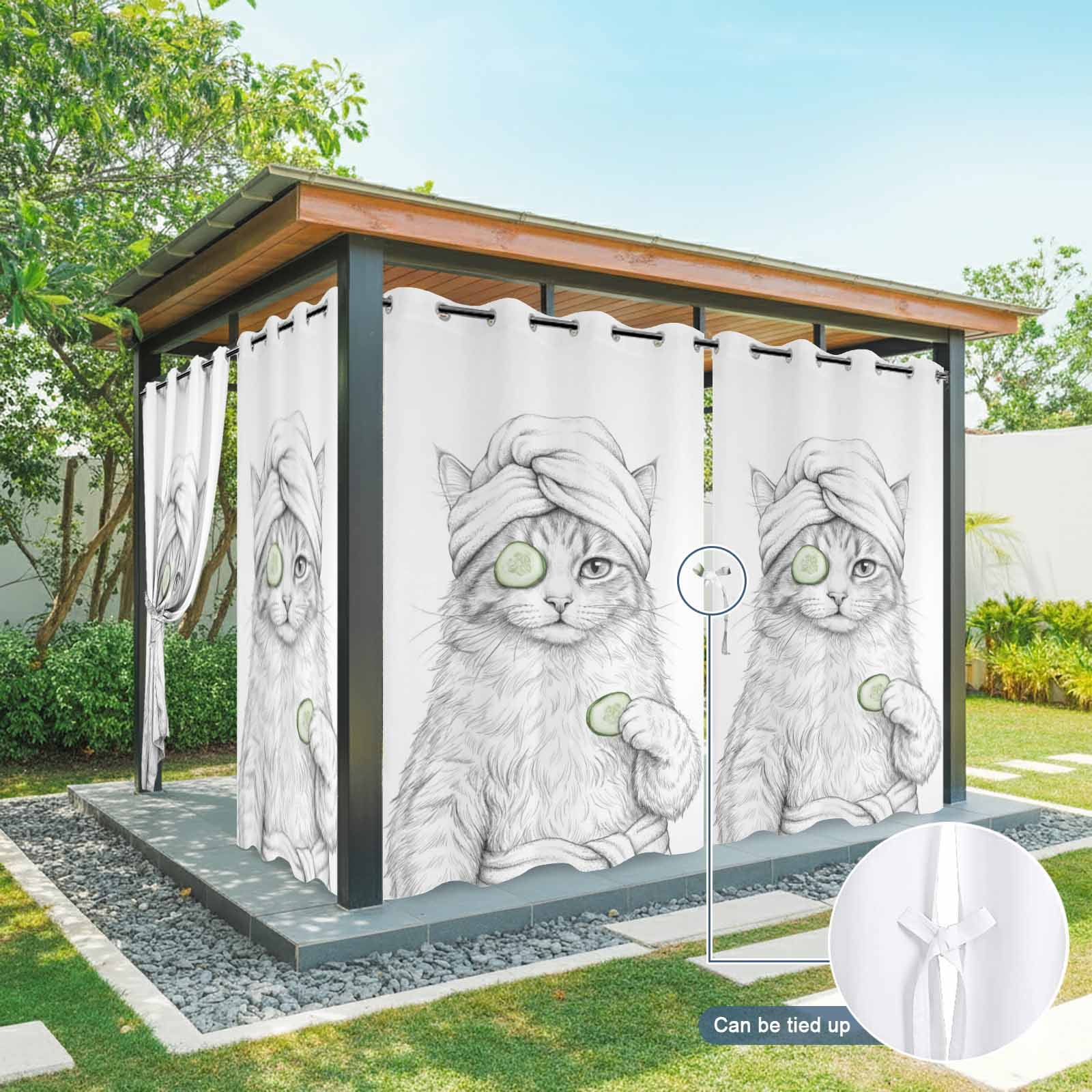 Grey Animals Outdoor Curtains for Patio, Funny Cat with Bath Wrap Cucumber Slice Gray Modern Sunshade Privacy Drapes Grommet Waterproof Outside Curtains for Porch/Cabana/Balcony 54"x 108", 1 Panel