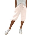 thumbnail image 2 of Bermuda Shorts for Women Knee Length Drawstring Elastic Waist Linen Shorts Casual Summer Pedal Pushers with Pockets Beige L, 2 of 7