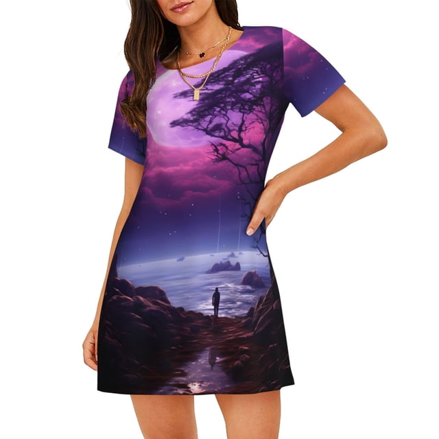 Fotbe Purple Moon Tree Night Sky Bata de Dormir para Mujer con Estampado, Camisón de Algodón de Manga Corta, Ropa de Dormir Casual