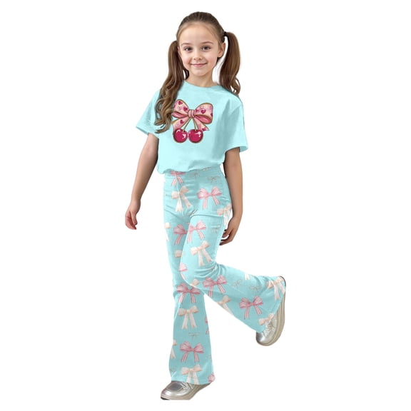 MEZZALL Kids Girls Bowknot Outfit Cute Bow Heart Print O-Neck Short Sleeve Tops With Flare Leg Pants Toddler Two Piece Matching Trendy Children Fashion Clothes Sets
