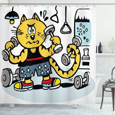 Ambesonne Fitness Shower Curtain, Cartoon Cat Lifting, 69"Wx84"L, Multicolor