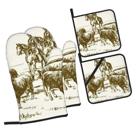 

Balery Cattle Drive By Two Cowboys Pattern Oven Mitts and Pot Holders 4 pcs Set Kitchen Oven Glove High Heat Resistant 500℉ Oven Mitts with Non-Slip Silicone Surface