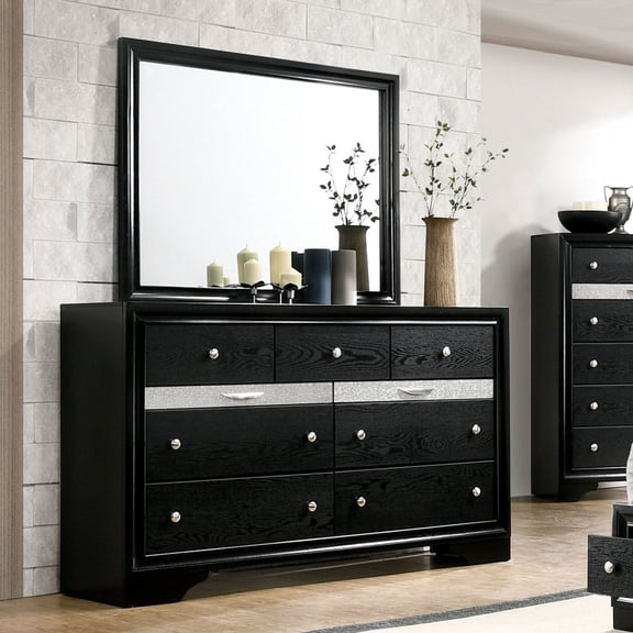 Miekor Furniture Black Color Dresser w Mirror Set Hidden Jewelry Drawer English Dovetail Silver Accents Round Knobs Bedroom Furniture MK3077