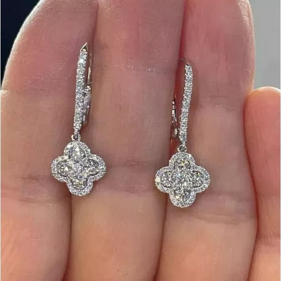 2Ct Round Lab Created Diamond Clover Drop&Dangle Earrings 14K White Gold Plated
