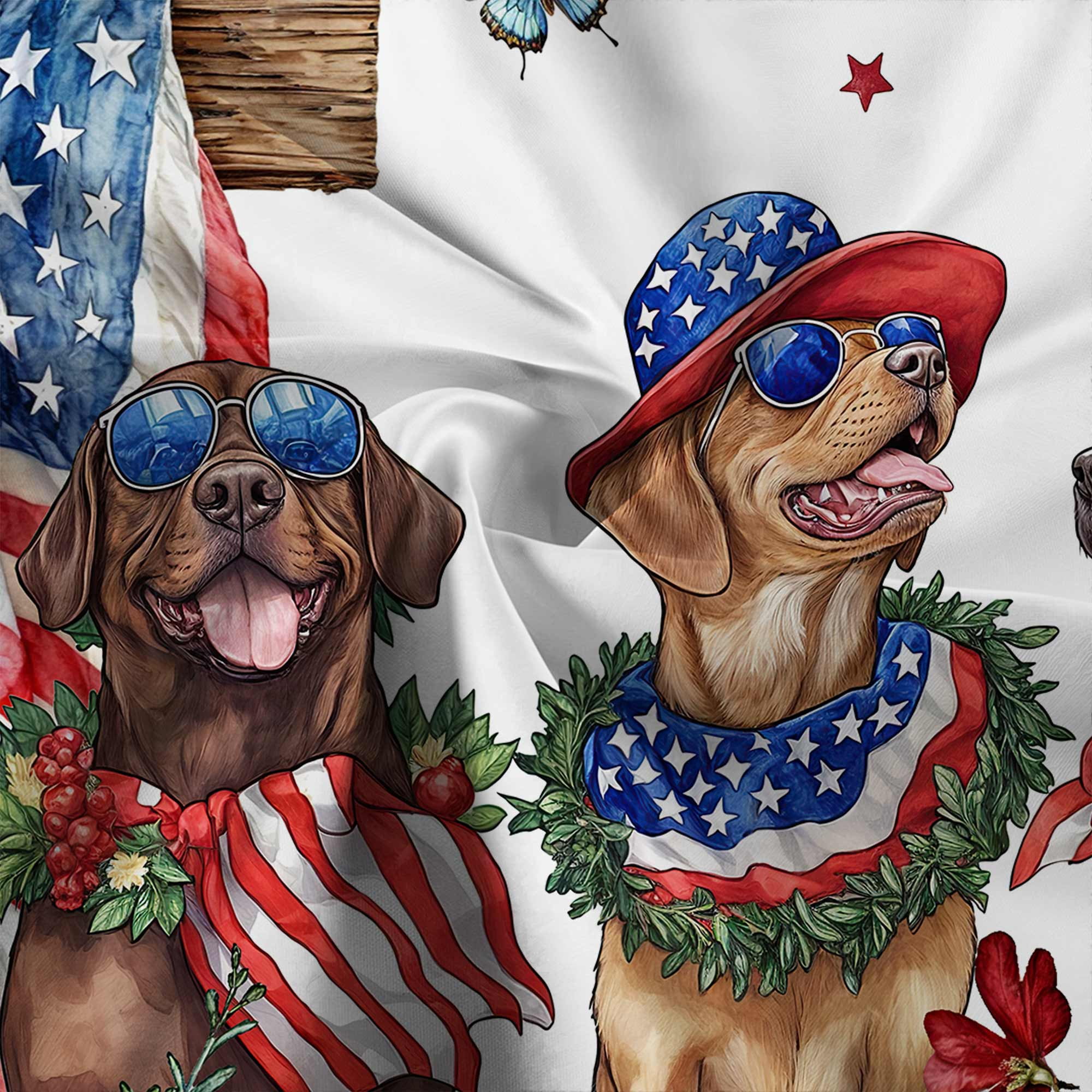 4th of July Dog Shower Curtain, Red White and Blue Patriotic Memorial American Flag Independence Floral Shower Curtain Sets, Rustic Holiday Waterproof Fabric Bath Curtains with Hooks, 60X70in