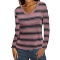 thumbnail image 3 of qolati Sweaters for Women V Neck Casual Ribbed Knit Long Sleeve Tops Lightweight Color Block Striped Pullover Blouses Fall Fashion Outfits Pink XXL, 3 of 7