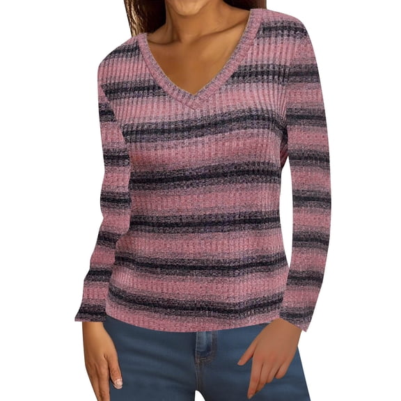 cfhntfmh Women's Ribbed Knit Tshirts Soft Striped Long Sleeve Tops Lightweight V Neck Pullover Sweater Color Block Knitted Tops