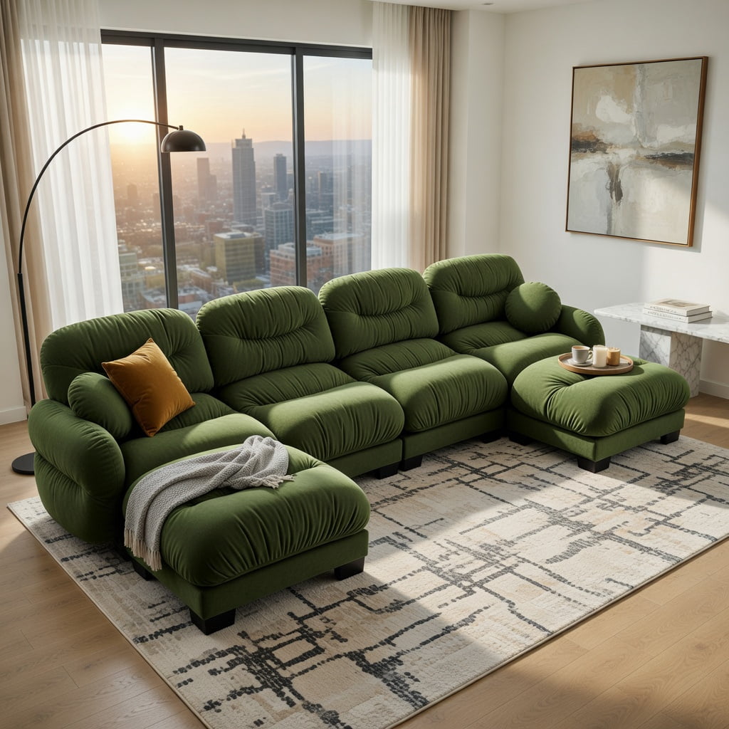 Hommoo Chenille U-Shaped Modular Sectional Sofa with Ergonomic Foam, Pleated Back Design, 2 Ottomans & 2 Throw Pillows, 4-Seat Plush Living Room Couch, Green