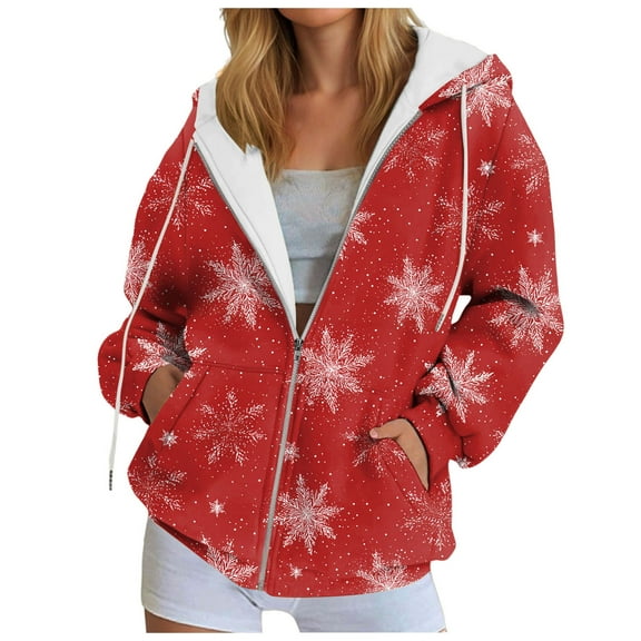 larppty Christmas Full Zip Up Hoodies for Women Casual Long Sleeve Tops Hooded Jacket Pullover Sweatshirts Winter Outfits (Red, L)