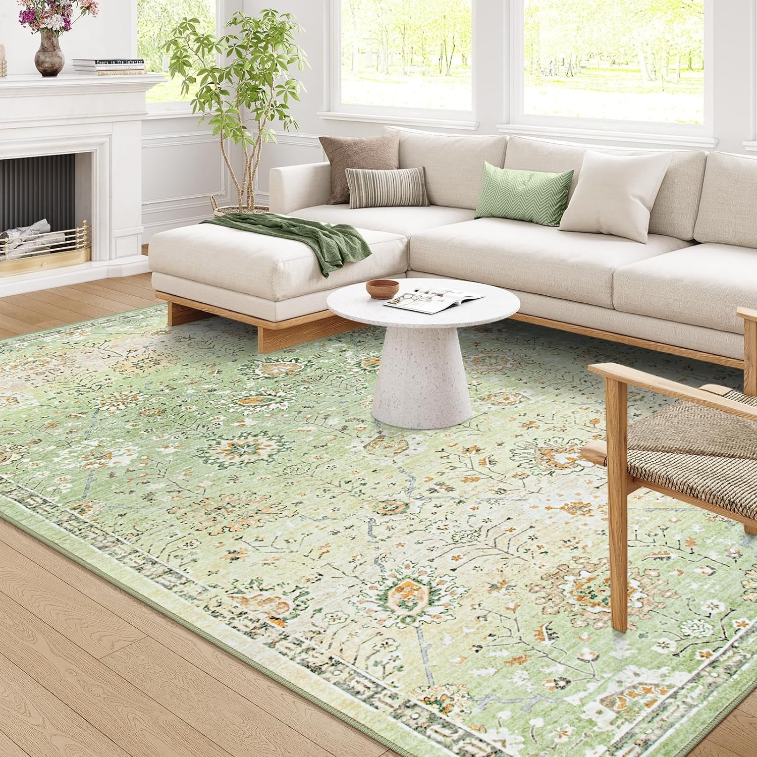 Wonnitar 8'x10' Green Boho Area Rug, 8x10ft Rugs for Bedroom Girls Large Living Room Area Rugs Soft Floral Playroom Rug, Washable Rugs Non Slip Pastel Rug for Bedroom Living Room Carpet