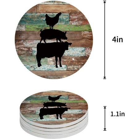 

KXMDXA Farm Silhouettes Wood Grain Set of 6 Round Coaster for Drinks Absorbent Ceramic Stone Coasters Cup Mat with Cork Base for Home Kitchen Room Coffee Table Bar Decor