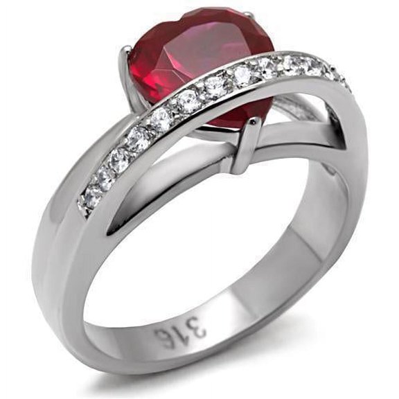 Womens Silver Rings High polished (no plating) Stainless Steel Ring with AAA Grade CZ in Ruby TK089