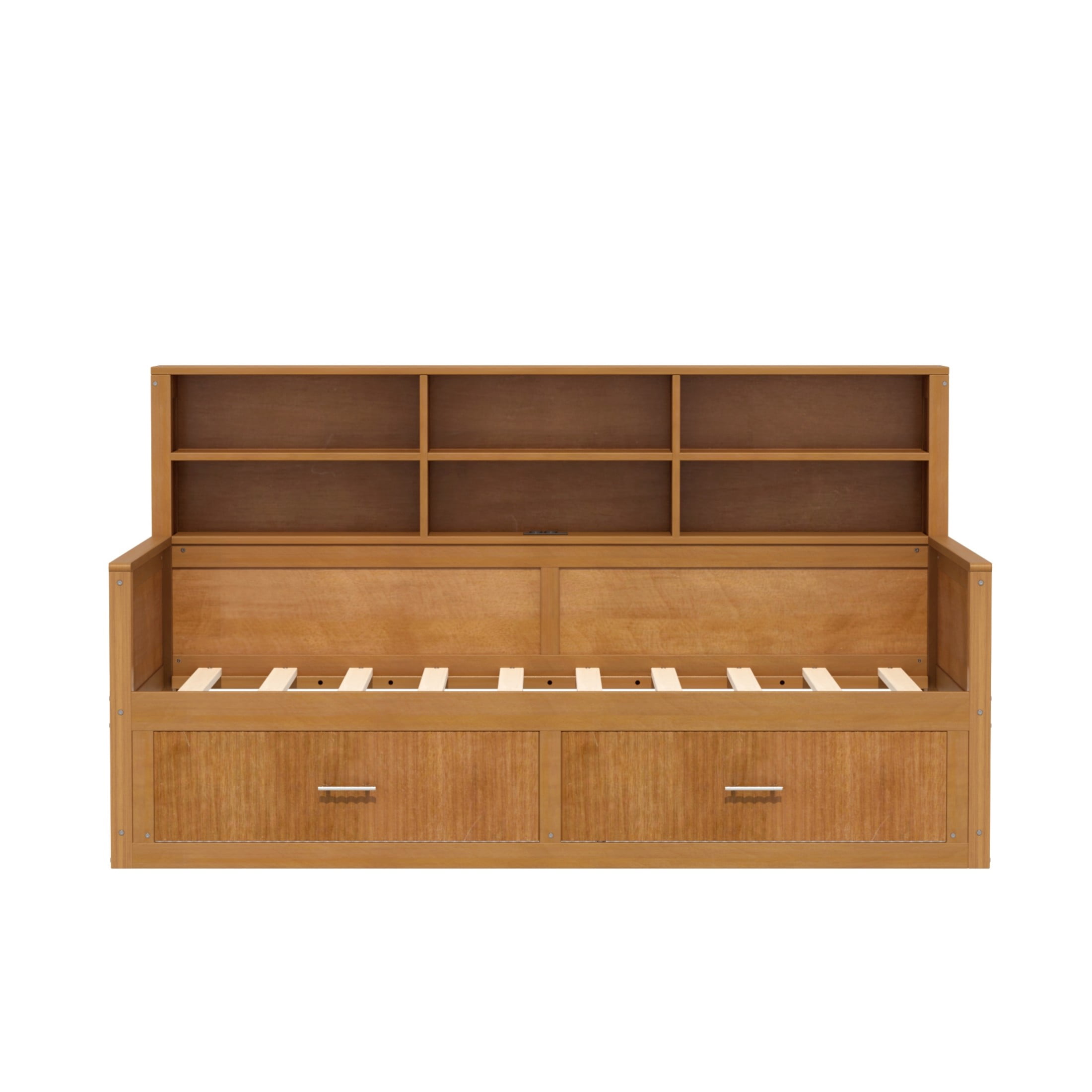 GDF Studio Josha Twin-Size Wooden Daybed with Bookcase Headboard, Storage Drawers & Built-In Charging Station, Walnut