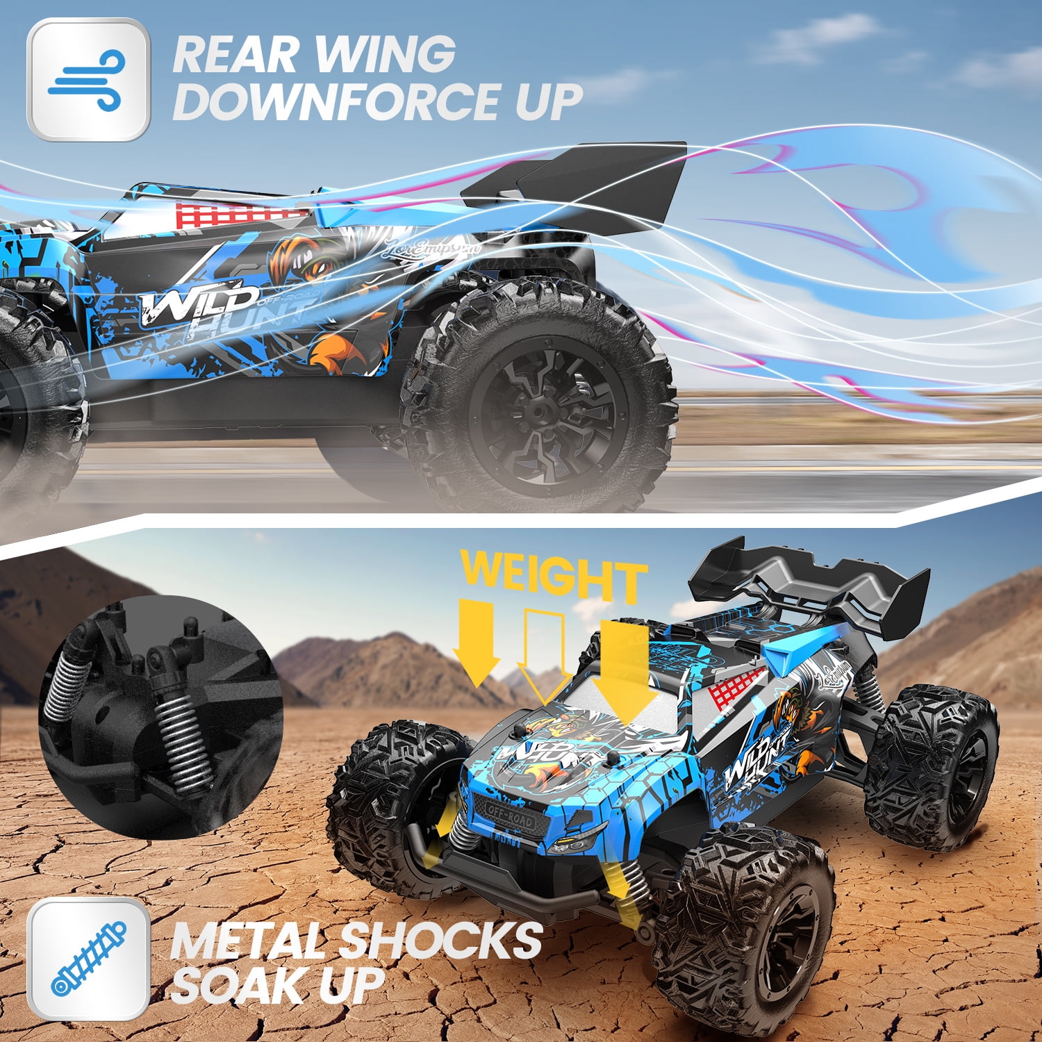 JoyStone Remote Control Car, 1:18 Remote Control Monster Truck All-Terrain 2.4GHz RTR RC Cars W/ 2 Batteries for Kids Toys Gift, Black & Blue
