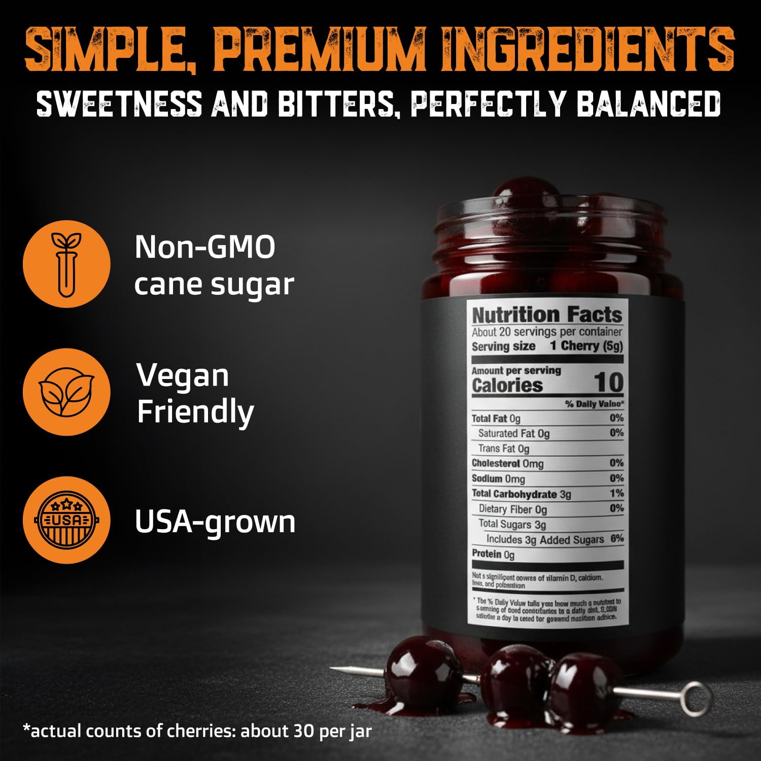 Aged and Charred Amarena Cherries in Syrup, 10 oz Cocktail Garnish for Bourbon and Whiskey, 30–40 Cherries, Made in USA
