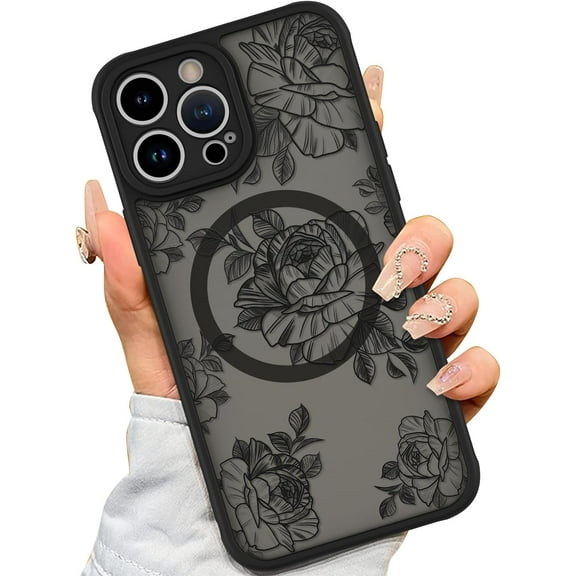 Magnetic Case for iPhone 15 Pro Max [Compatible with MagSafe] Black Flower Floral Pattern Design Case for Women Girls Soft TPU Bumper Hard PC Back Anti-Fall Shockproof Protective Slim Cover