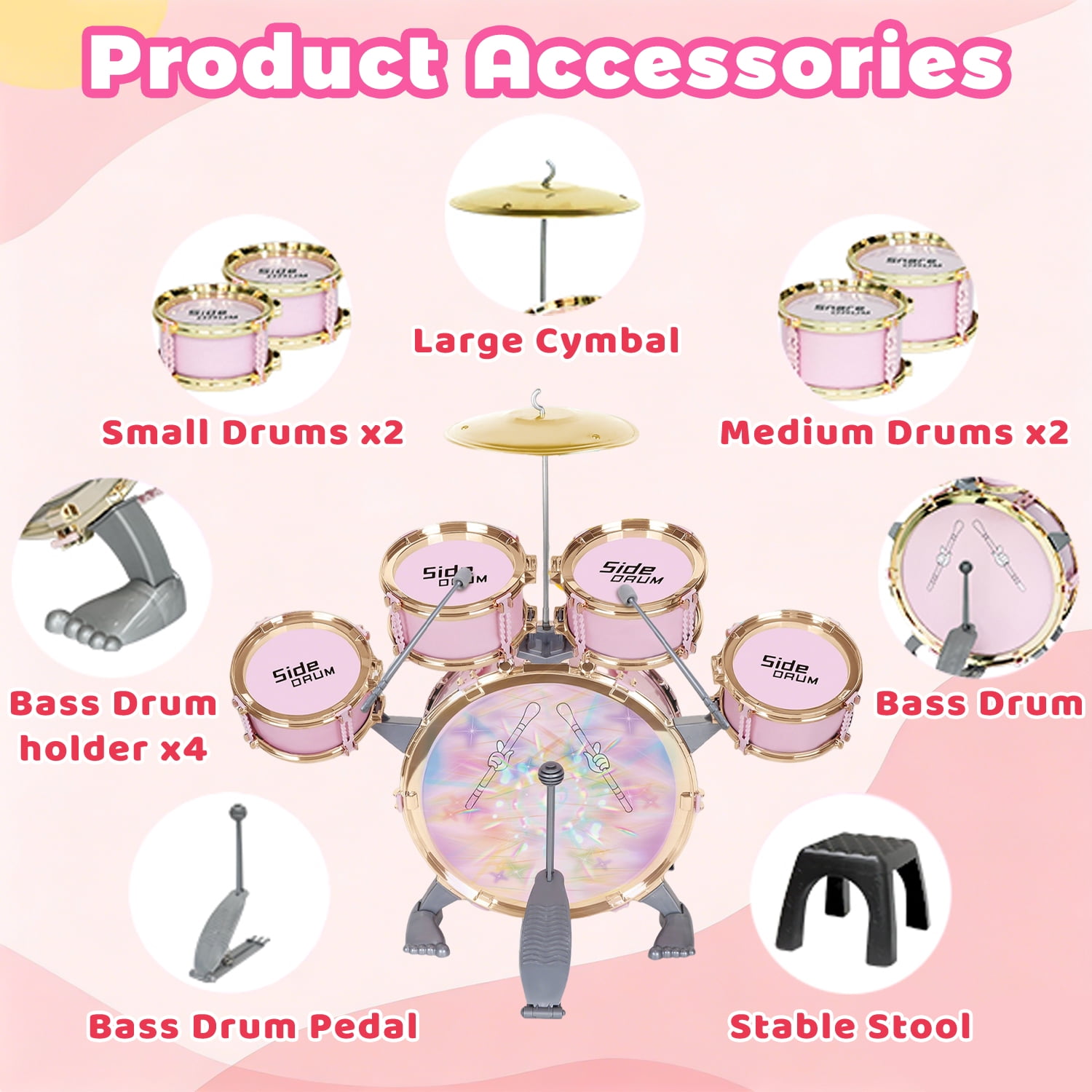 Aijohnny Toddler Light Jazz Drum Set, Musical Kid Drum Set with Stool, Pedal & Drumsticks, Birthday Gifts for Kids 1-3 3-5 5-8 Years Old