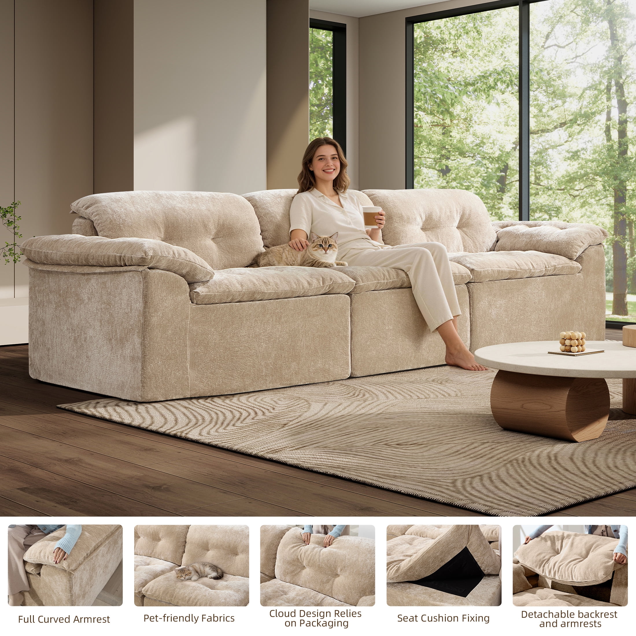 Aukfa 3-Piece Cloud Modular Sectional Sofa for Living Room, Ice Flower Chenille, Tan