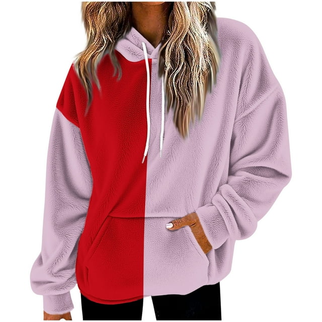 Women's Color Block Fuzzy Hoodie - Oversized Loose Fit Fall Winter Sweatshirt, Fashion Fluffy Sherpa Hoodie with Drawstring