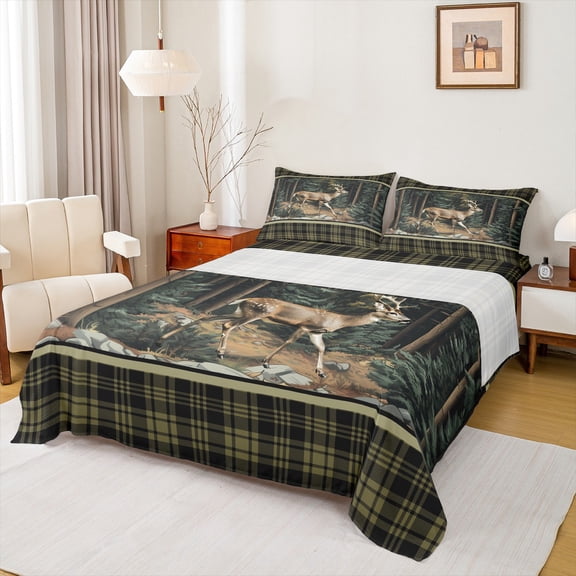 Feelyou Wildlife Deer Moose Men Twin Sheet Sets, Vintage Green Buffalo Twin Fitted Sheet, Rustic Farmhouse Tree Flat Sheet, Breathable Home Decor, 3-Piece