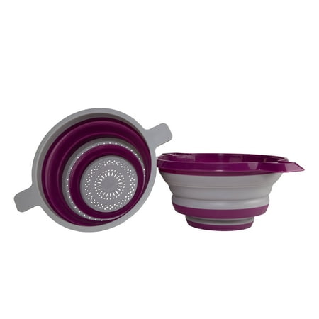 Kitchen Maestro Collapsible Colander and Strainer, Set of 2 Purple Collanders for Pasta, Fruits, Vegetables and More - FDA Approved, BPA Free and Dishwasher