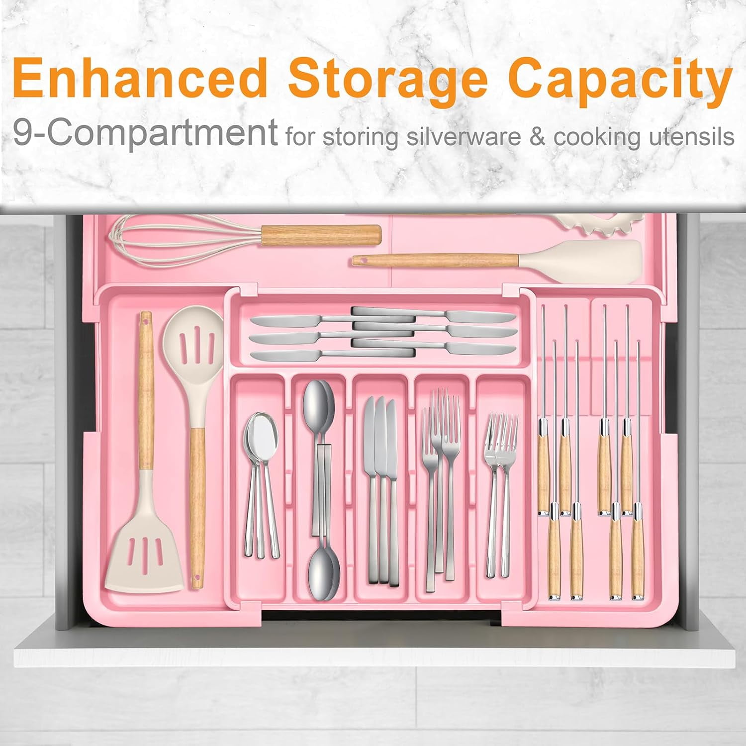 Silverware Organizer - Expandable Large Kitchen Drawer Organizer Utensil Organizer with 2 Knife Block Inserts, 22"x 19"Cutlery Tray with Drawer Dividers for Kitchen Flatware (Pink)