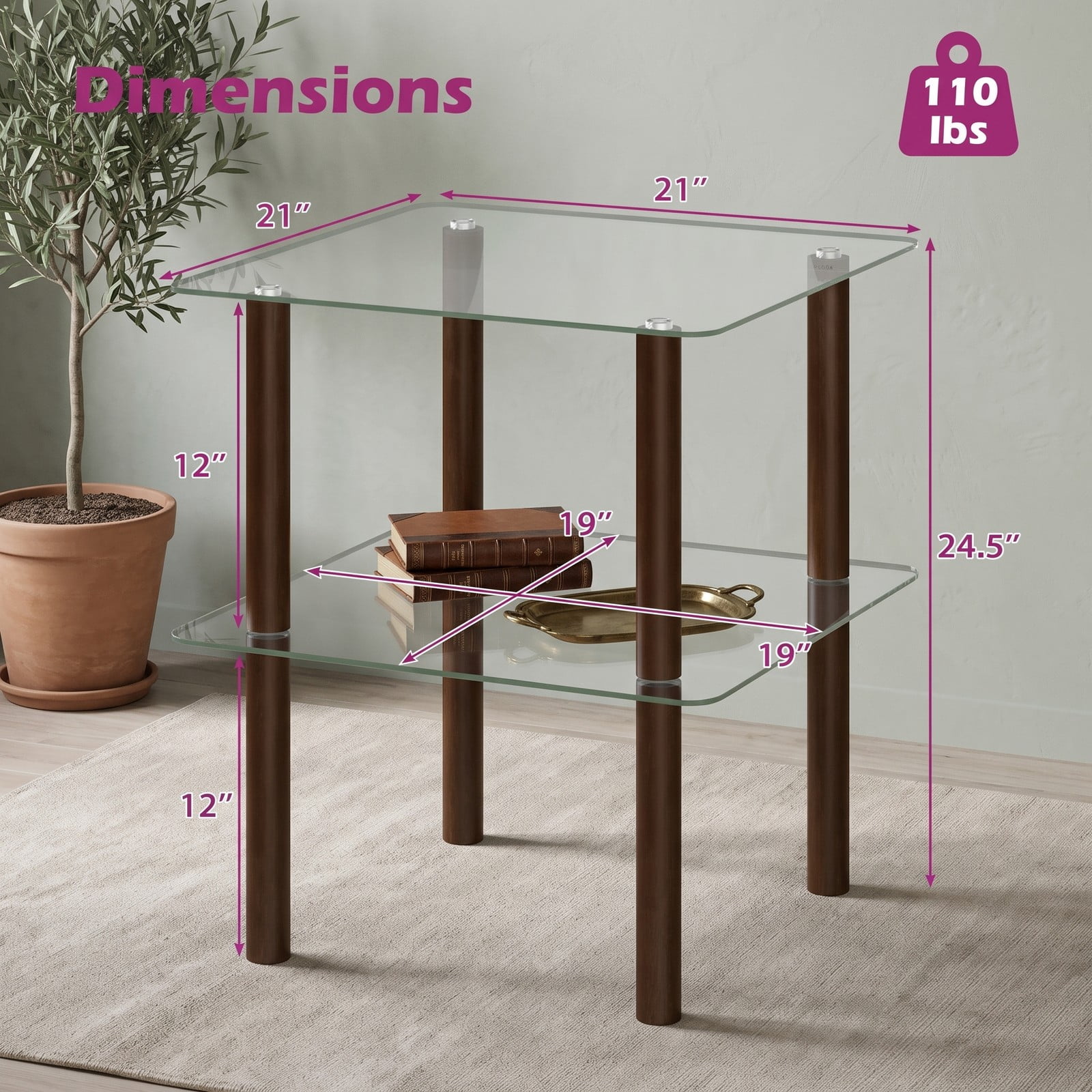 Furnibear 2-Tier Square End Table with Clear Tempered Glass Top and Shelf, Solid Rubber Wood Side Table for Living Room Bedroom, Round-Edge Sofa, Clear & Brown