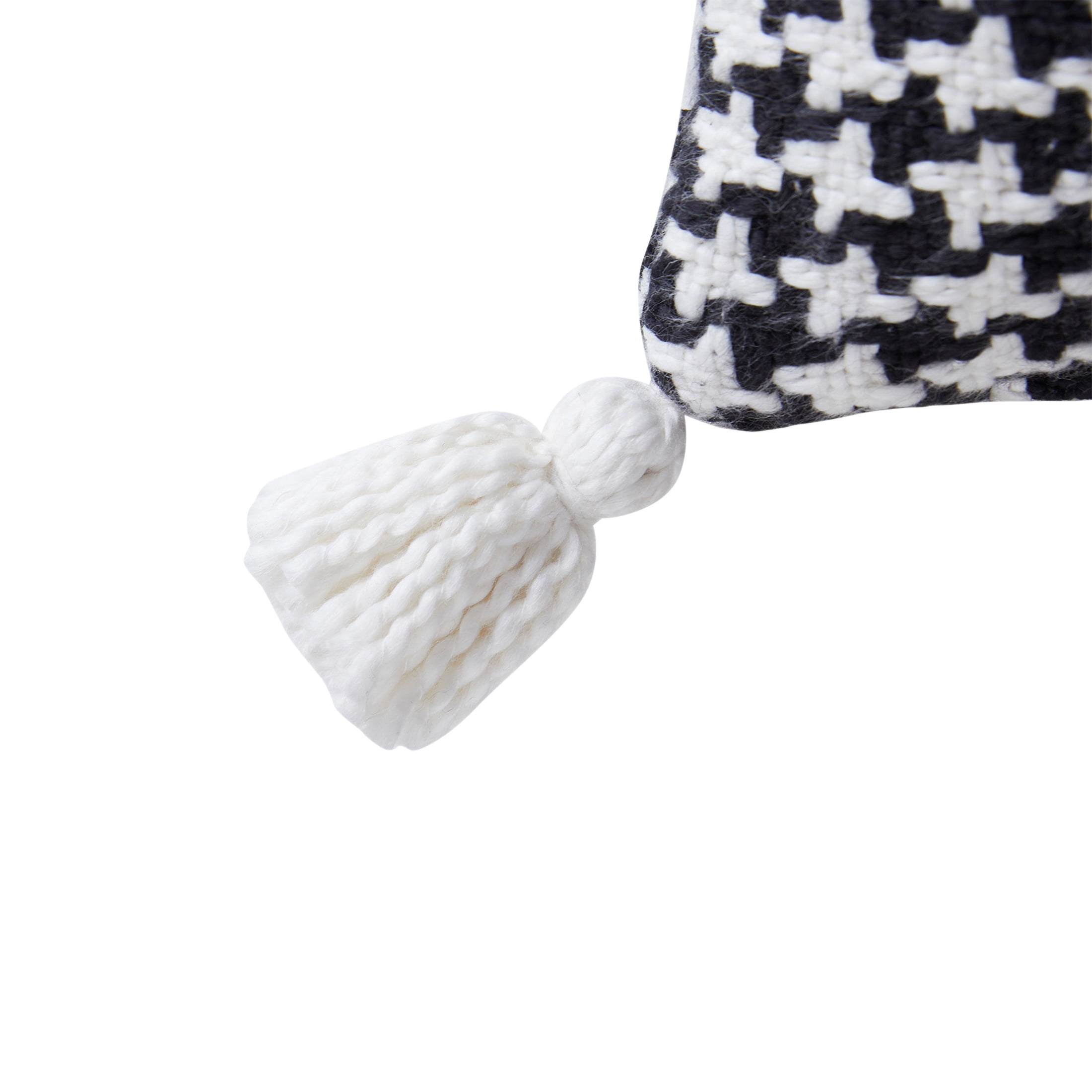 Beautiful Tonal Houndstooth Cotton Decorative Pillow with Tassels by Drew Barrymore, 22" x 22", Black