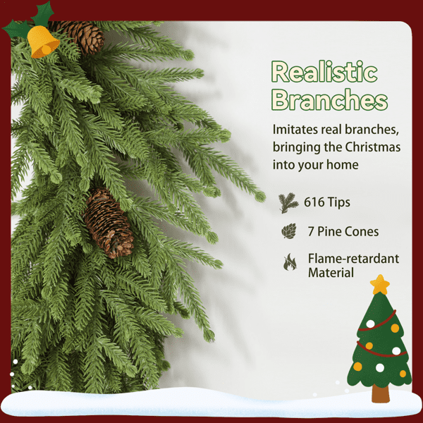 24" Indoor Christmas Wreath, Lifelike Norfolk Pine Design with 88 Moulded Tips, 7 Pine Cones for Doors, Walls, Mantels